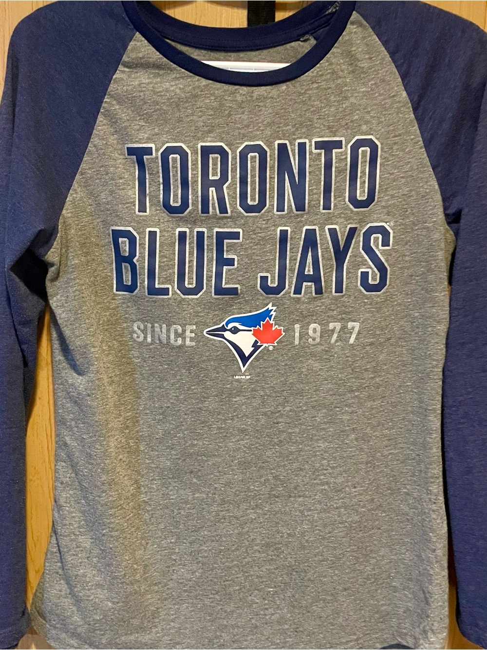 MLB Toronto Blue Jays Women's Raglan Long Sleeve Tee - Grey & Navy